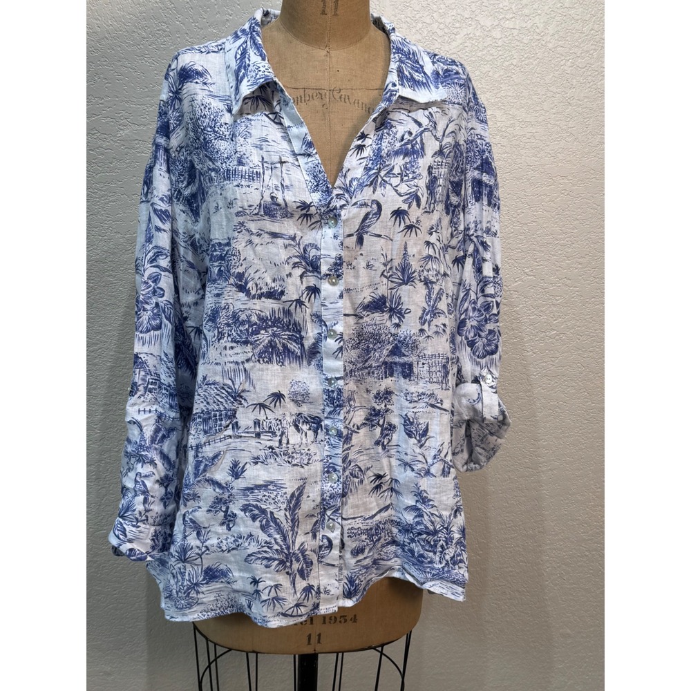 Joie 100% Linen Blue White Tropical Toile Print Button Down Shirt Womens 3X
